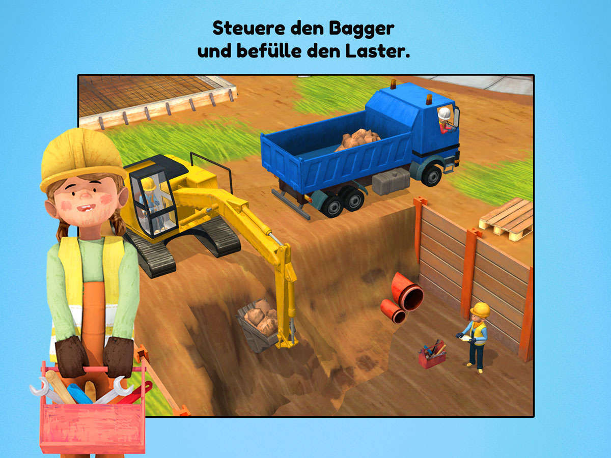 Kleine Bauarbeiter 3D Kinder Spiele App – Steuere den Bagger und befülle Laster