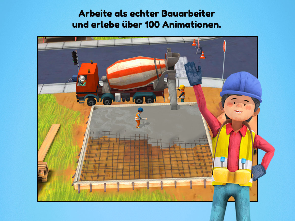 Kleine Bauarbeiter 3D Kinder Spiele App – arbeite auf einer echten Baustelle